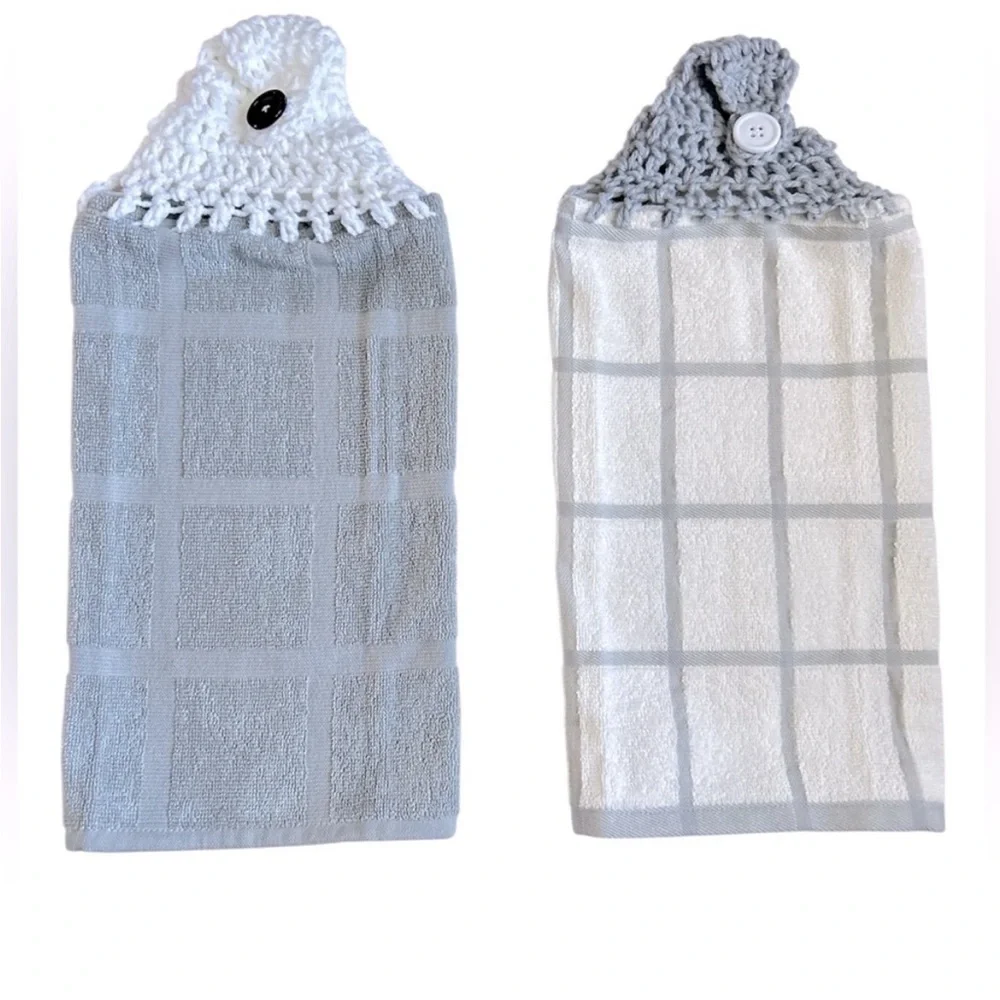 Hand Crafted Gray and White Hanging Kitchen Hand Towels Crochet Top